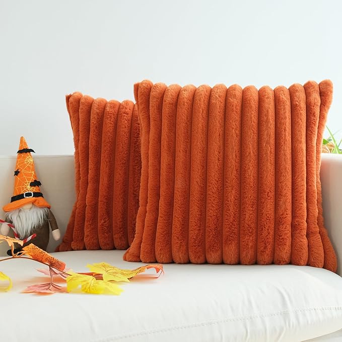 JOJUSIS Pack of 2 Faux Fur Plush Decorative Throw Pillow Covers Couch Cushion Case Soft Pillowcases Farmhouse Fall Home Decor (Rust, 22 x 22-Inch)
