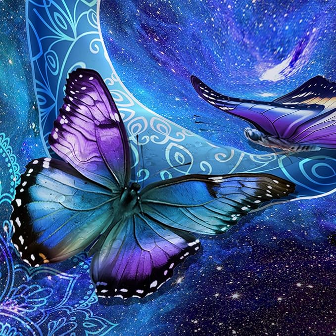 AILONEN Butterfly Shower Curtain, Mystic Moon Cloth Bath Curtain Set for Teen Adults Bathroom,Beautiful Purple Butterfly Starry Night Shower Curtain Liner,72" W*96" H