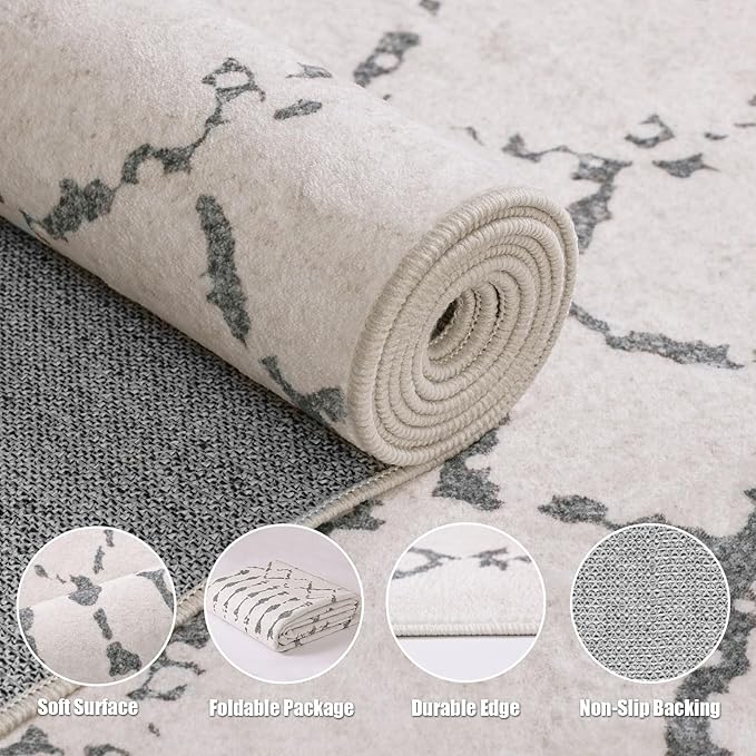 Deerly Area Rug 6x9 Living Room Distressed Area Rugs, Non Slip Washable Rugs Large Moroccan Boho Farmhouse Rug for Bedroom Dining Room, Neutral Low Pile Indoor Floor Carpet, Off White/Grey