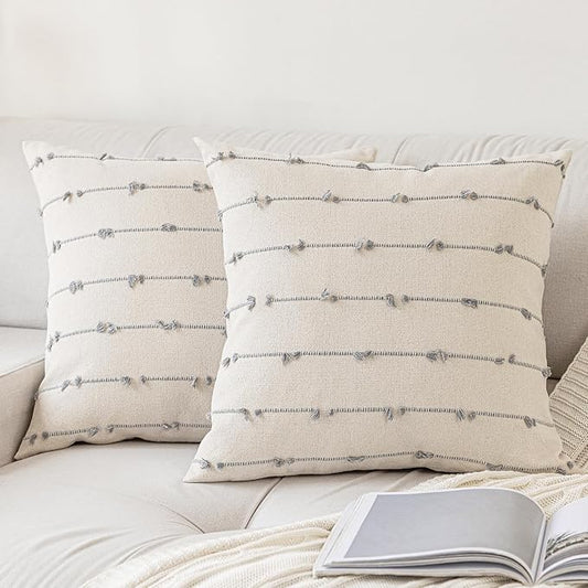 Boho Throw Pillow Covers 22x22 Set of 2 Modern Farmhouse Decorative Cushion Case Tufted Square Pillows Cover Neutral Pillow Cases Accent Pillowcase for Sofa,Couch,Bed,Beige and Grey