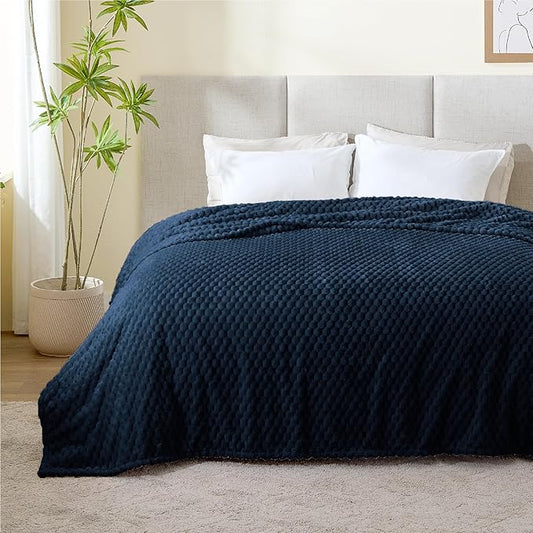 BEDELITE Fleece Blanket, Large Queen Size for Bed, 3D Jacquard Decorative Navy Fuzzy Throw, Soft and Cozy Warm Plush Fluffy Blanket All Seasons Suitable, 90x90Inches