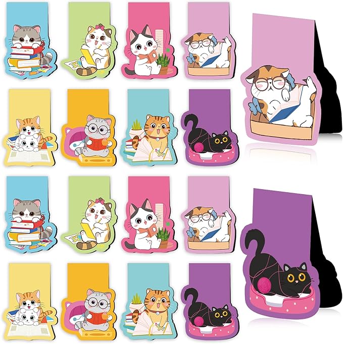 Cats Magnetic Bookmarks Gifts - 16 Pcs Cute Cat Book Mark Magnets Cartoon Cats Book Marks Page Pets Book Markers Clip Gifts for Book Lovers Students Teens Teacher School Reading Cat Lover