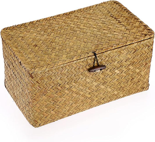 Hipiwe Wicker Shelf Baskets Bin with Lid, Handwoven Seagrass Basket Storage Bins Rectangular Household Basket Boxes for Shelf Wardrobe Home Organizer, Caramel Medium