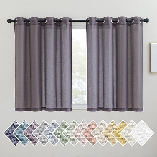 NICETOWN Cafe Curtains 45 inch Length, Grommet Linen Sheer Curtains Semitransparent Privacy with Light Filtering Window Drapes for Small Window, Purple Brown, W52 x L45, 2 Panels