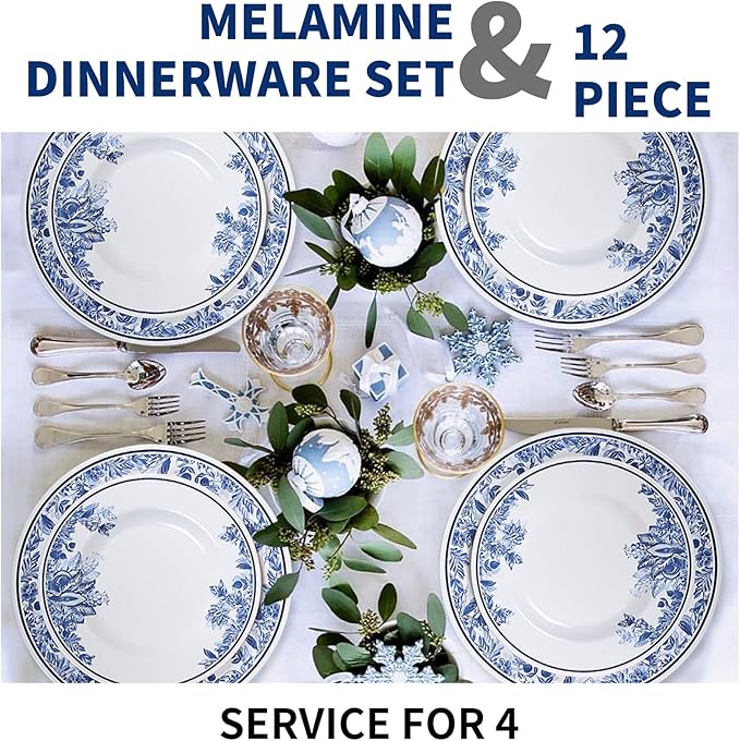 Melamine Dinnerware Sets-12pcs floral dinnerware set Service for 4,Dishwasher Safe, Break-resistant, Indoor and Outdoor Use,Reusable,Traditional Flower
