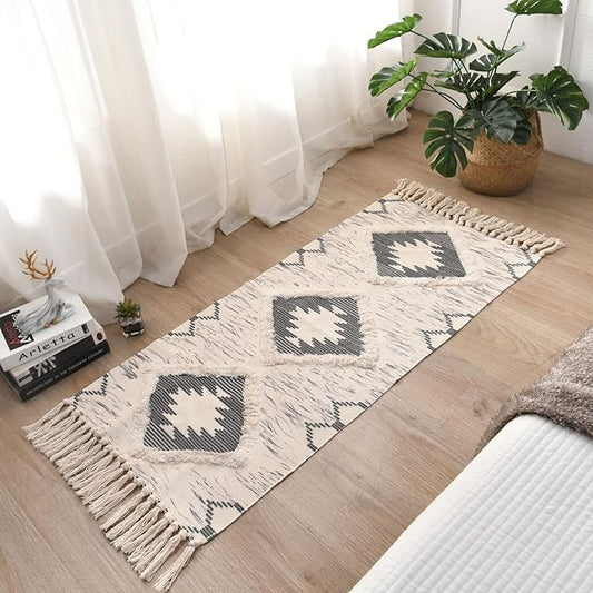 Boho Runner Rug 2'x4.3', Washable Hallway Rug Runner Non Slip Rubber Backed, Kitchen Farmhouse Area Rug Floor Mat with Tassels, Tufted Woven Cotton Entryway Carpet, Grey