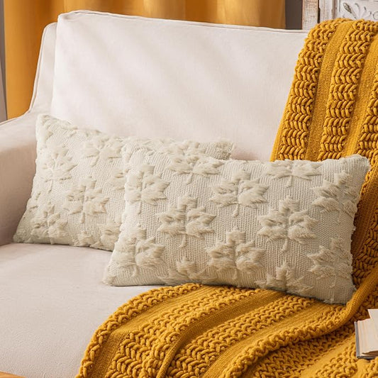 Maple Leaf Fall Throw Pillow Covers 12"x20" Set of 2, Beige Farmhouse Decorative Pillow Covers for Autumn Harvest Holiday Accent Pillow Cases, Faux Fur Pillow Covers for Couch Bed Room