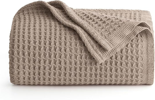 Bedsure 100% Cotton Large Throw Blanket for Couch 50x70 inches - Breathable and Soft, Waffle Weave Throw Blanket for Office, Tan