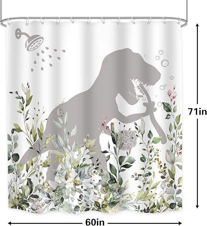 LGhtyro Dinosaur Eucalyptus Kids Shower Curtain Bathroom Set 60Wx71H Inches Funny Dino Bathing Silhouette Rustic Plant Leaves Floral Bath Accessories Botanical Leaf Art Home Decor Fabric 12 Pack Hooks