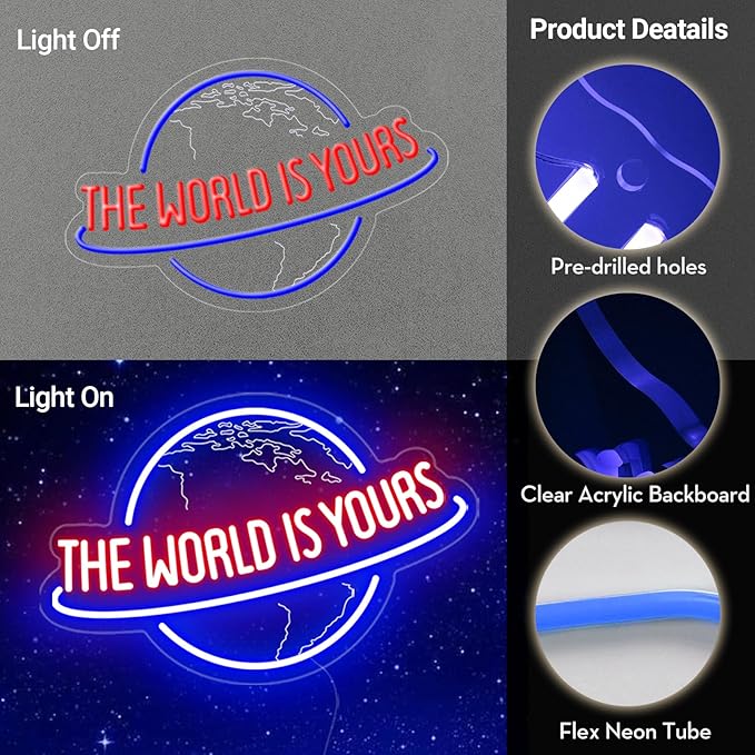 The World is Yours Neon Sign, Remote Dimmer Planet LED Neon Light Lamp for Wall Decor, USB Power for Man Cave Home Bar Bistro Club Cafe Wedding Game Room Bedroom Birthday Gift Graduation Party
