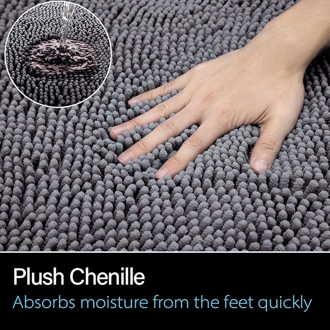 LOCHAS Luxury Bathroom Rug Shaggy Bath Mat 20 x 30 Inch, Washable Non Slip Bath Rugs for Bathroom Shower, Soft Plush Chenille Absorbent Carpets Mats, Gray