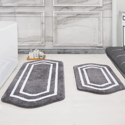 COSY HOMEER Extra Thick Bath Rugs Set - Anti-Slip Bath Linen Sets Mats Soft Plush 100% Strong Polyester Living Room Bathroom Water Absorbent(Grey,24x48+20×32 - Inches)