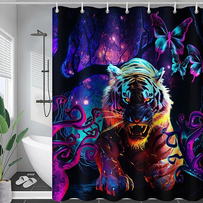 AILONEN 3D Tiger Shower Curtain for Bathroom,Purple Magic Forest Wildlife Printed Bath Curtain,Boys Roaring Tiger Decoration Shower Curtain Waterproof 72" W*84" H