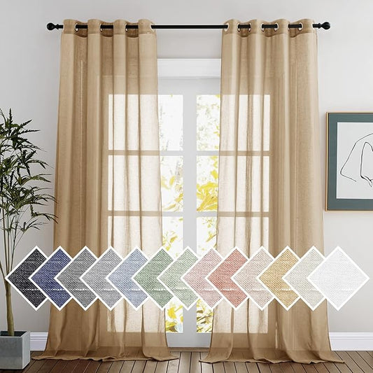 NICETOWN Sheer Linen Curtains Flax Texture 96 inch Long, Grommet Semi Sheer Window Treatments Privacy with Light Filtering Drapes for Bedroom/Living Room, Camel, W52 x L96, 2 Panels