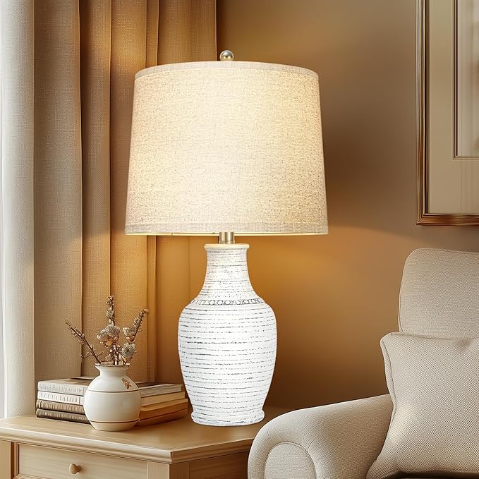 23" Blue Washed Ceramic Table Lamps Set of 2,Lamps for Living Room with 3-Way Dimmable Bulb,Rotary Switch,Bedside Lamp with Linen Shade,Nightstand Table Lamps of 2 for Bedroom,Reading(Bulb Included)
