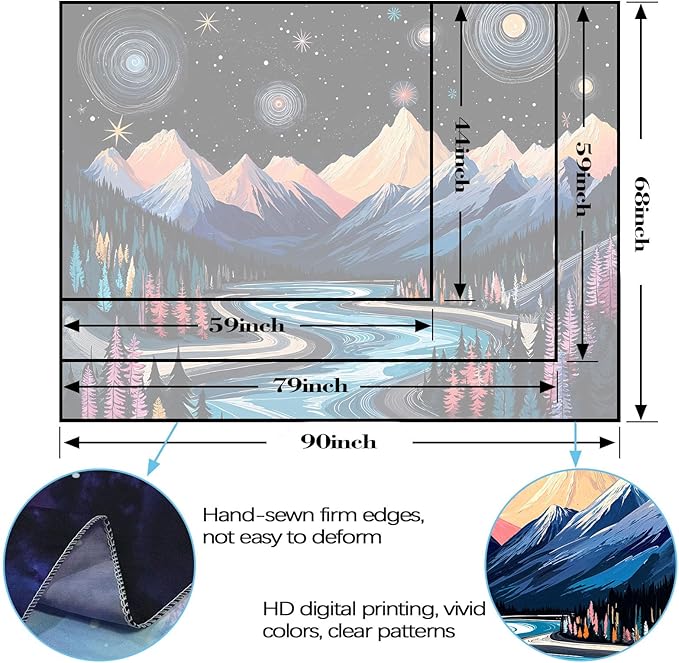 Lunerfex Mountain Tapestry, Starry Sky Landscape Tapestry, 60" x 44", Bedroom & Living Room Wall Decor