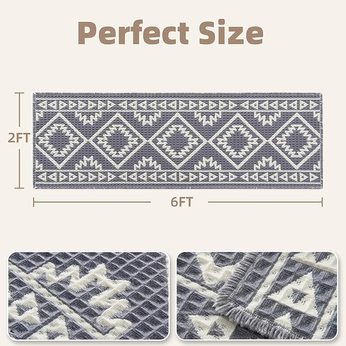 PADOOR-Waffle Bathroom Runner 24"x72", Super Absorbent Bath Mats for Bathroom, Machine Washable Non Slip Bath Rug with Tassels, Soft Bath Mat for Laundry Room, Bedroom, Grey & Cream, 2'x 6'
