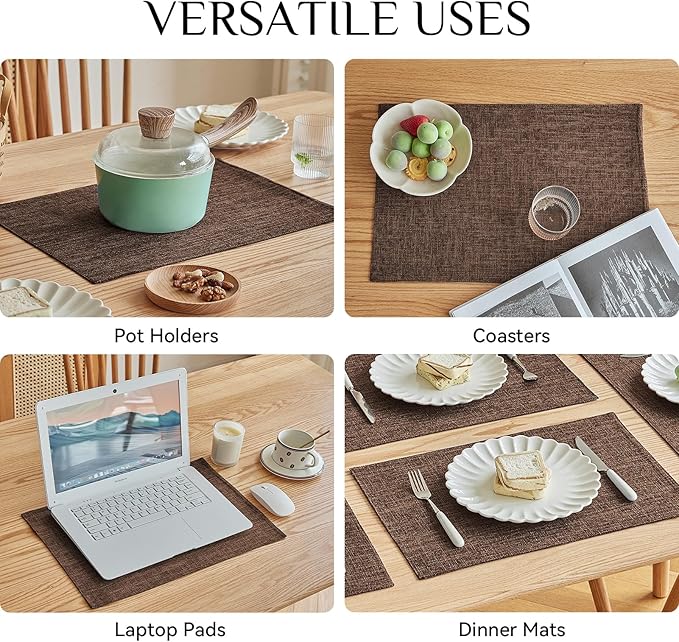 Softalker Faux Linen Placemats Set of 4-12 x 18 Inch, Heat Resistant Double Layered Durable Burlap Farmhouse Place Mats, Non-Slip Washable Rustic Table Mats for Dining, Kitchen, Party（Dark Brown