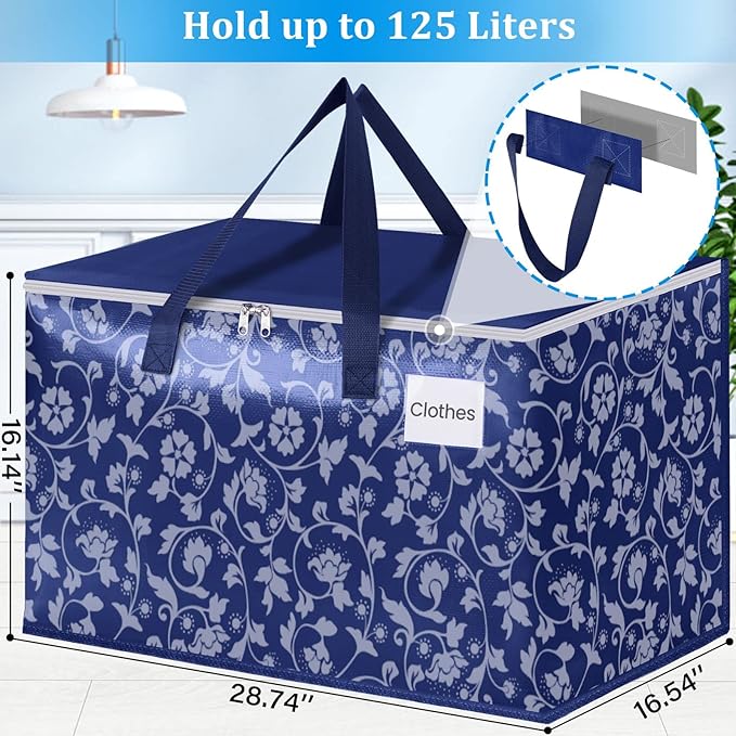 HomeHacks Moving Bags, Extra Large Size Moving Boxes, Heavy Duty Luggage Bags with Smooth Zipper and Sturdy Handles, Large Capacity & Easy Loading Storage Totes for Space Saver 125L, 10-Pack, Blue