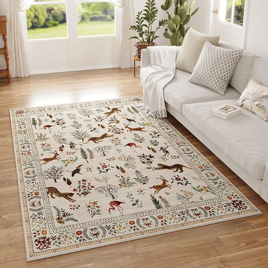 Area Rug 4x6 Rug Washable Boho Rugs Non Slip Low Pile Floral Animal Small Carpet for Bedroom, Bedside, Kids Room, Office, Dining Room (Beige)