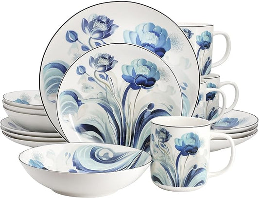 Elama Peony Garden 16 Piece Abstract Floral Round Porcelain Dinnerware Set, Tableware Set, Serveware Set (Peony Garden)