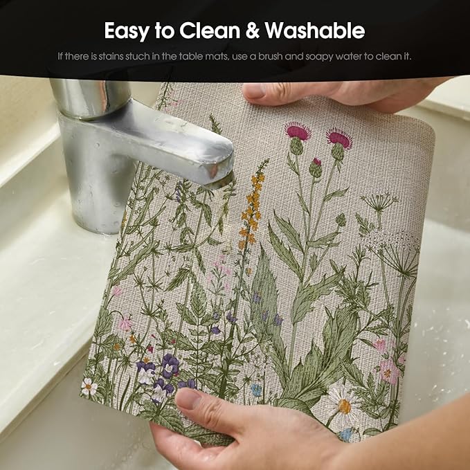 Artoid Mode Wildflower Vinyl Placemats Set of 4, Washable Non-Slip Plastic PVC Table Mats for Spring Party Kitchen Dining Decor, 12x18 Inch