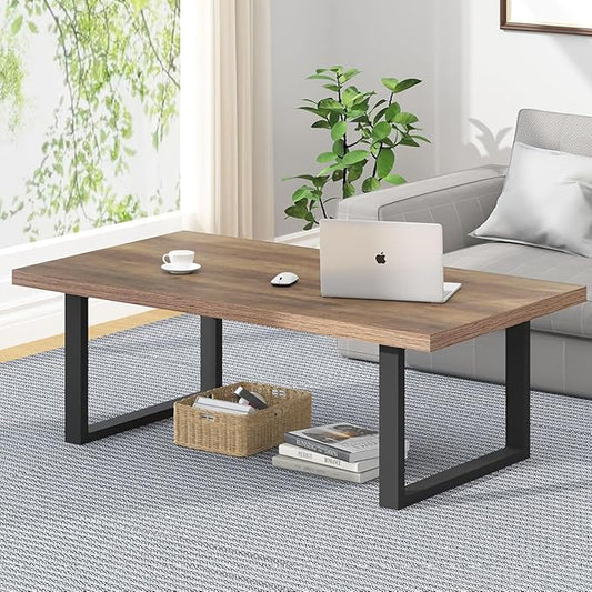 IBF Farmhouse Coffee Table, Modern Coffee Table for Living Room, Simple Industrial Rectangle Center Table, Wood Metal Tea Table for Home Bedroom Office, Rustic Oak, 47 in