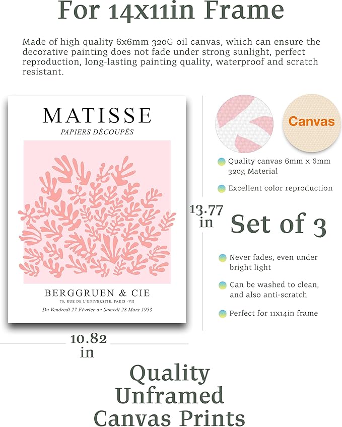 HesenDot Matisse Art wall Décor Set of 3,Unframed Blush & Salmon Pink wall art,Truly Quality Canvas Prints for 11x14in,Art poster decoration for kitchen, bathroom,living room,bedroom