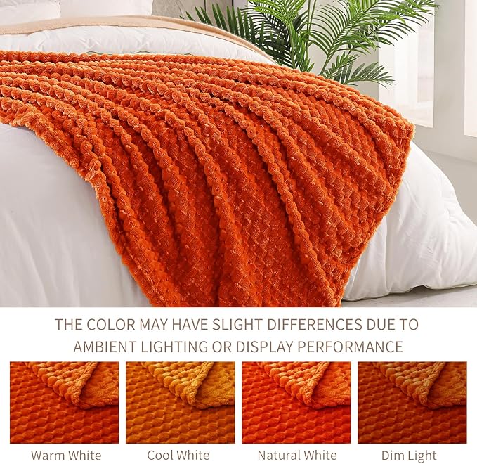 Exclusivo Mezcla Queen Size Soft Fleece Blanket, 90x90 Inches Stylish Jacquard Velvet Blanket for Bed, Fuzzy Cozy Lightweight for All Season, Burnt Orange