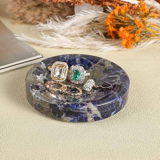 Koville Marble Jewelry Dish, Small Round Trinket Dish for Ring Necklace Earring, 4" Decorative Dish, Aesthetic Home Table Decor, Natural Stone Soap Dish for Bathroom Kitchen (Blue)