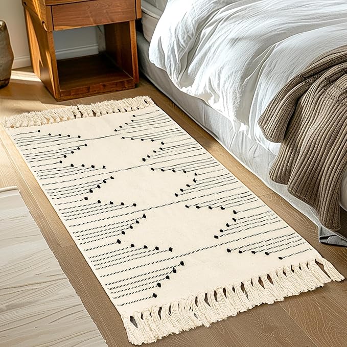 Tritard Boho Bathroom Rug 2x3 - Washable Woven Cotton Throw Rugs with Tassel, Small Aztec Kitchen Area Rug Farmhouse Entryway Bath Door Mat Indoor for Bedroom, Doorway, Laundry, Beige Cream