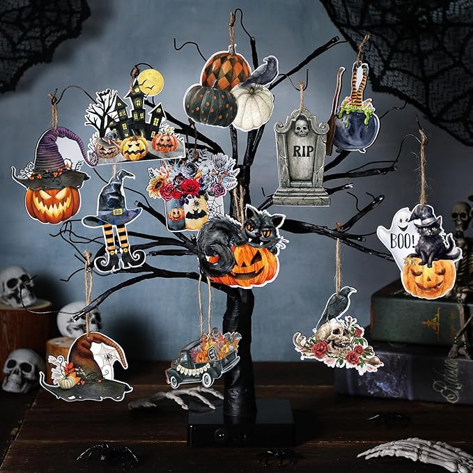 Huwena 36 Pcs Halloween Wood Ornament for Tree Vintage Ornaments Wooden Halloween Hanging Decorations Pumpkin Witch Black Cat Wood Cutouts with Ropes for Home Party Decor(Witch Hat)