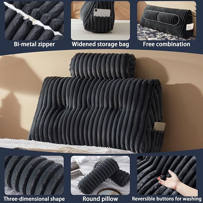 Faux Fur Headboard Pillow with 2 Pack Neck Roll Pillow Large Headboard Pillow Soft and Supportive with Removable Cover (Grey, Twin)