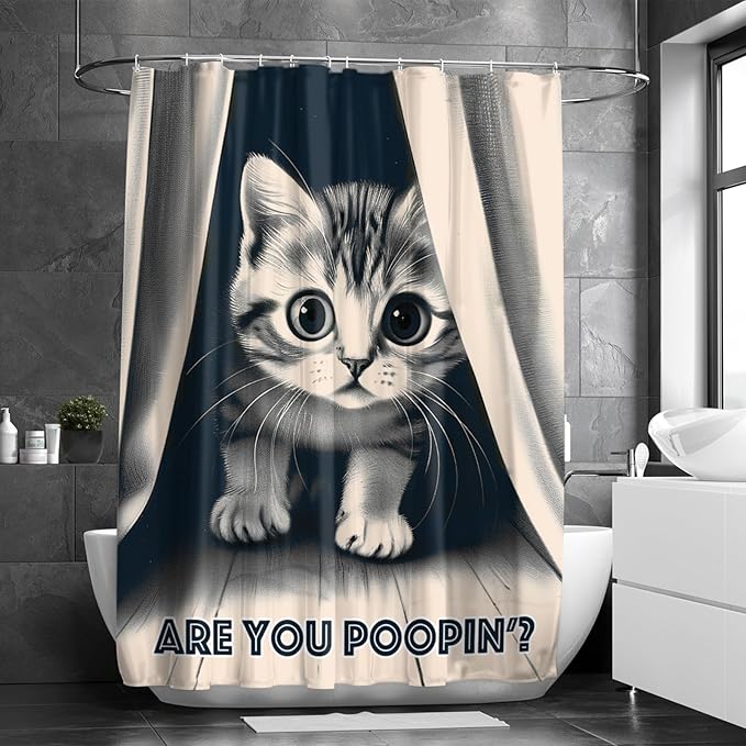 Funny Cat Shower Curtain Cute Animal Shower Curtains for Bathroom Decor are You Poopin' Humorous Joke Waterproof Polyester Fabric Bathroom Curtain with Hooks 72x72 Inch