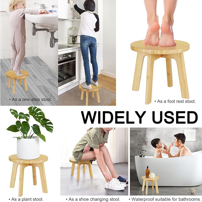 Step Stools for Kids Adults - Bamboo Wood Portable Small Foot Stools Sturdy Anti-slip Step Stool for Inside Shower 350 Lbs Capacity for Kitchen Bathroom Bedroom Toilet (Medium Round)