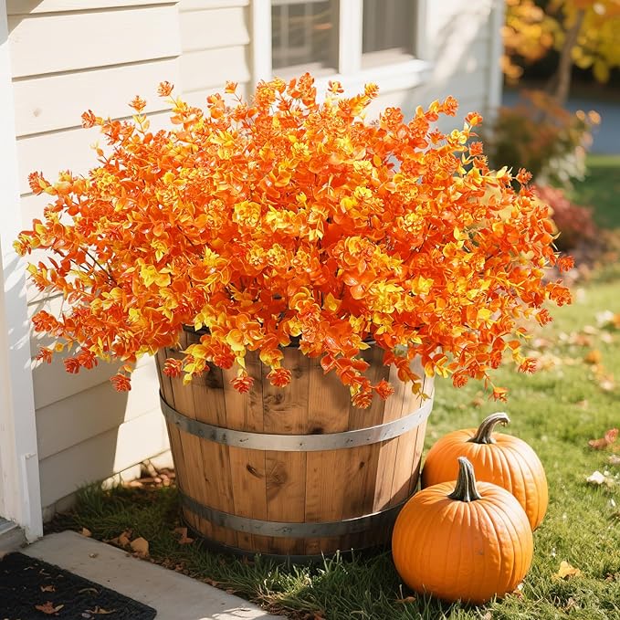 Ouddy Decor 24 Bundles Artificial Fall Flowers for Outdoor Decoration UV Resistant Fake Mums Fall Plastic Flowers Faux Plants for Autumn Indoor Outside Patio Planters Window Home Decor, Orange Yellow