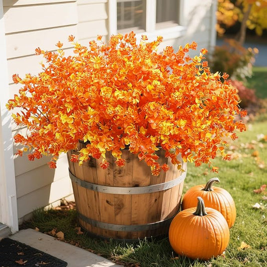 Ouddy Decor 24 Bundles Artificial Fall Flowers for Outdoor Decoration UV Resistant Fake Mums Fall Plastic Flowers Faux Plants for Autumn Indoor Outside Patio Planters Window Home Decor, Orange Yellow