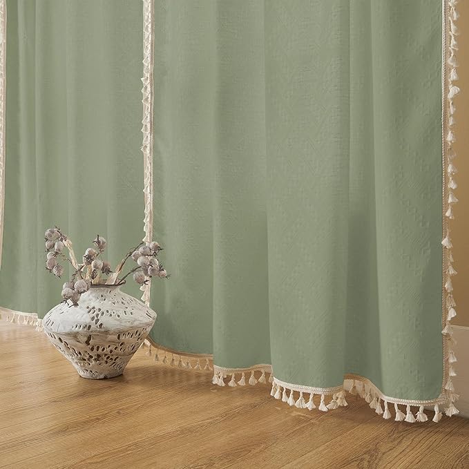 Joydeco Sage Green Boho Curtains 96 Inches Long 2 Panels, Super Soft Bohemian Farmhouse Curtains with Tassels, Semi Sheer Light Filtering Drapes for Bedroom Living Room (Rod Pocket, 52Wx96L)