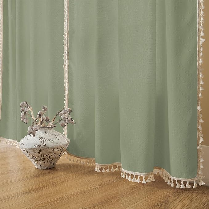 Joydeco Sage Green Boho Curtains 84 Inch Length 2 Panels, Super Soft Bohemian Farmhouse Curtains with Tassels, Semi Sheer Light Filtering Drapes for Bedroom Living Room (Rod Pocket, 52Wx84L)