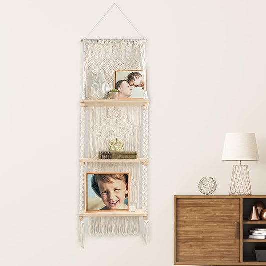 Hanging Plant Shelf Indoor Boho Decor - 3 Tier Macrame Shelf Wall Hanging Decor - Rope Boho Wall Art Wooden Floating Bookshelf for Kitchen, Bathroom or Bedroom