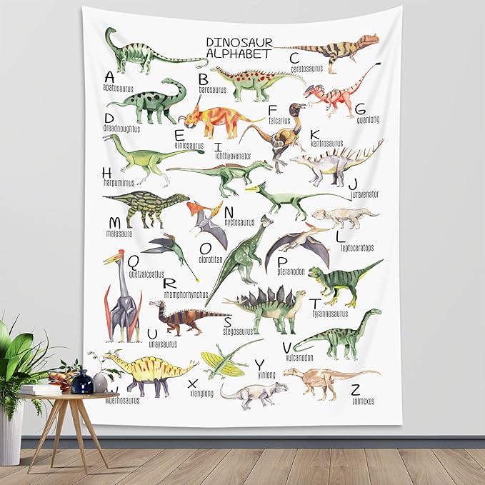 HVEST Dinosaur Tapestry Vertical Wall Hanging ABC English Alphabet and Wild Animal Tapestries Illustrative Reference Chart Tapestry for Kids Bedroom Living Room Teen Dorm Party,70.9x92.5 Inches