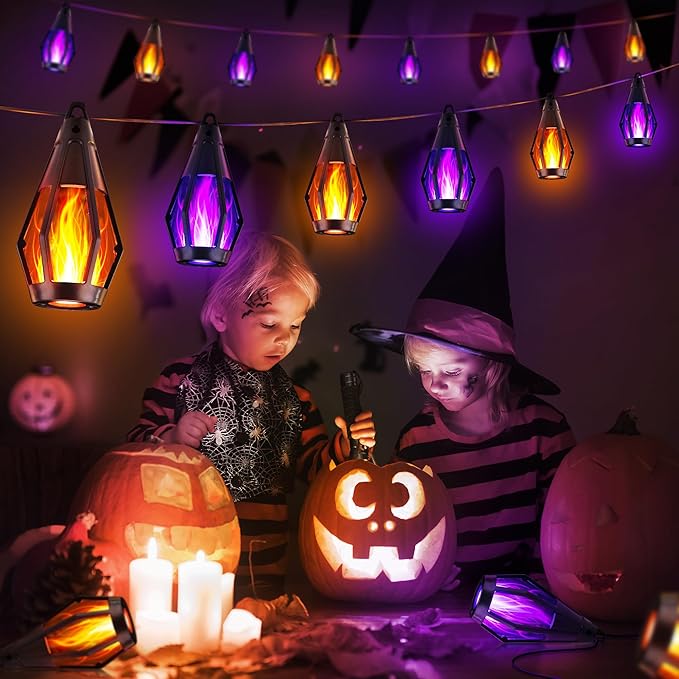 iBaycon Solar Halloween Lights, 42Ft 15 LED Bulbs Flickering Flame String Light, Outdoor Waterproof Solar Flame Lights for Garden Yard Patio Halloween Decorations (Warm White + Purple)