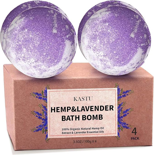 Natural Hemp Oil Extract and Lavender Essential Oils Bath Bombs Salt Balls,4 Pack Gift Set,Moisturizing Dry Skin,Fizzy Spa,Relaxation,Self Care,Relaxing,Bubble Bath Bomb Gifts Idea for Men Women