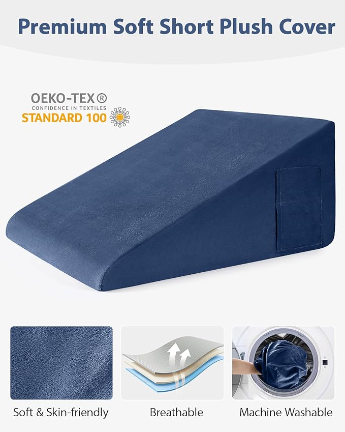 Wedge Pillow for Sleeping, 12 Inch Bed Wedge Pillow for After Surgery, Acid Reflux, Memory Foam Top Triangle Pillow Wedge for Head, Back, Leg with Machine Washable Cover-Blue