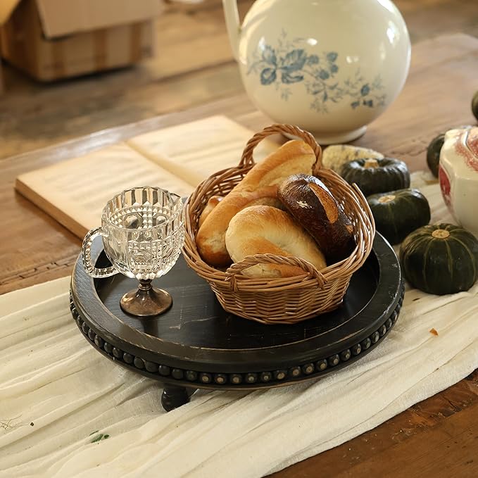 Wooden Tray for Home Decor, Round Wood Beaded Tray, Decorative Tray for Living Room Decor Coffee Table Decor Kitchen Table Decor or Farmhouse Decor Serving Tray (Black)