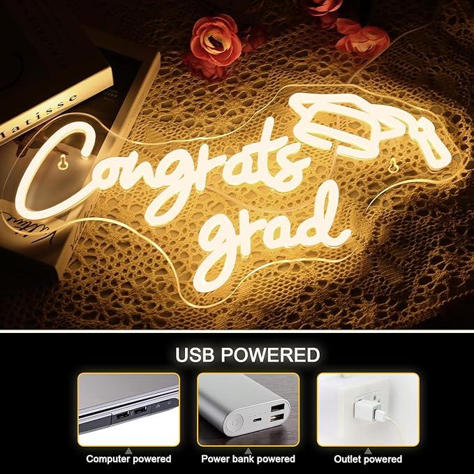 NOSUN Congrats Grad Neon Sign Grad Neon Signs for Wall Decor, Warm White LED Signs for Classmates friends family, USB Neon Word Sign for Party Club Light Up Sign, The best gift for graduating friend