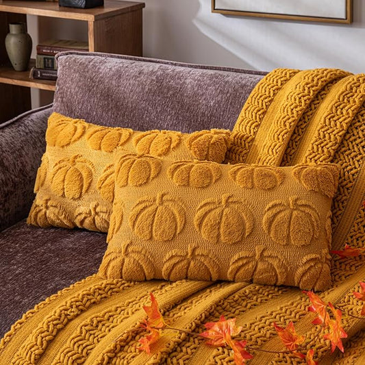 Pumpkin Fall Decorative Throw Pillow Covers 12"x20", Set of 2 Mustard Yellow Soft Faux Fur Pillow Covers for Autumn Harvest, Fluffy Plush Accent Pillow Cases for Farmhouse Halloween Decor