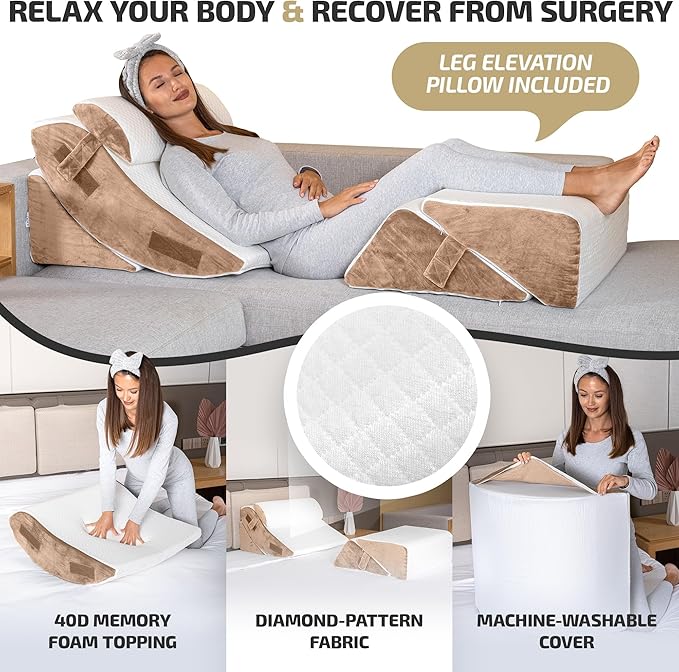 5pcs Orthopedic Bed Wedge Pillow Set w/Leg Elevation Pillow - Perfect Adjustable Memory Foam Pillows for After Surgery Recovery, Back Support, Pain Relief, Acid Reflux, Sleeping & GERD