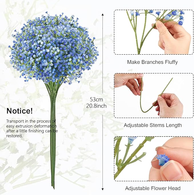 N&T NIETING Babys Breath Artificial Flowers Bulk, 30Pcs Fake Gypsophila Plants Artificial Baby Breath Flowers for Wedding Bouquets Party Home Garden Decoration, Blue