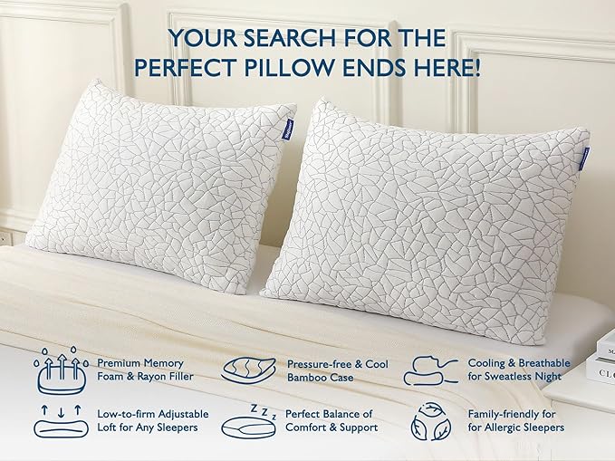 Dafinner Adjustable Shredded Memory Foam Pillow King Size - 100% Removable Cover from Bamboo Derived Rayon, Cooling Medium Bed Pillow for Side Stomach & Back Sleepers - Pack of 1, 20"x36"